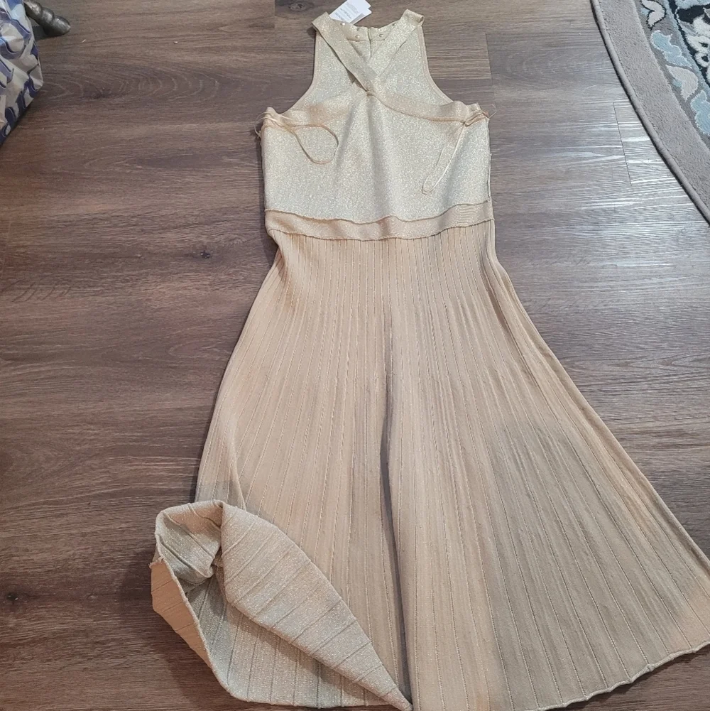 NWT Michael Kors Gold Studded Criss Cross Halter Midi Dress L